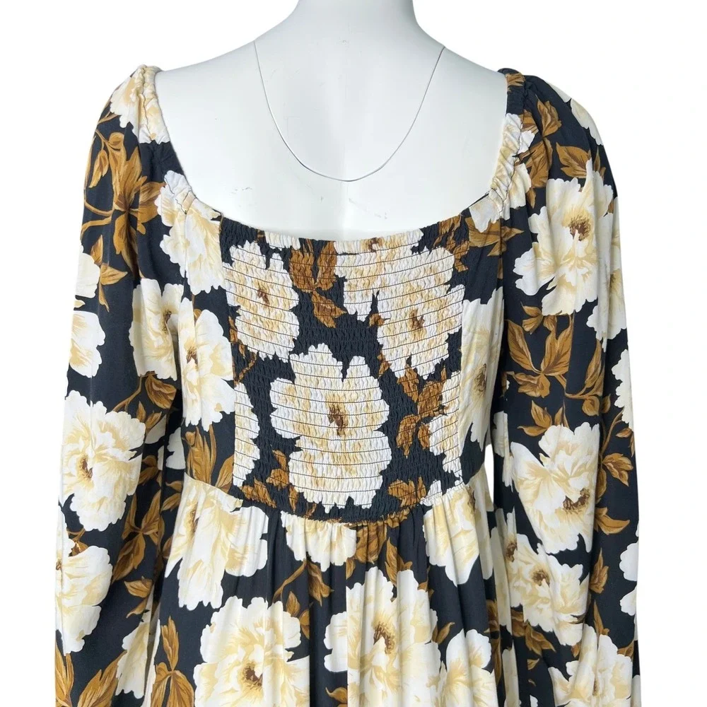 Old Navy Dark Floral Maxi Dress L Black White Brown Milkmaid Square Neck - Picture 6 of 11